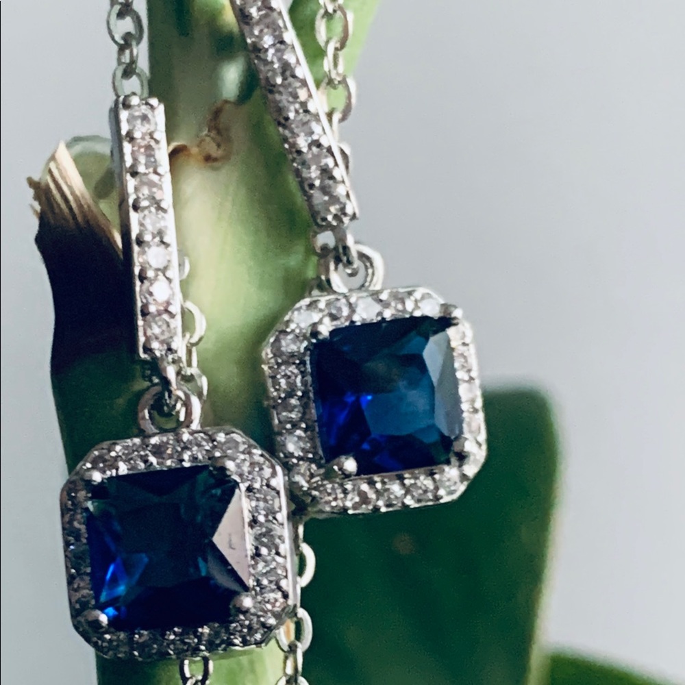White Gold Plated Blue Jewel Square Drop Earings